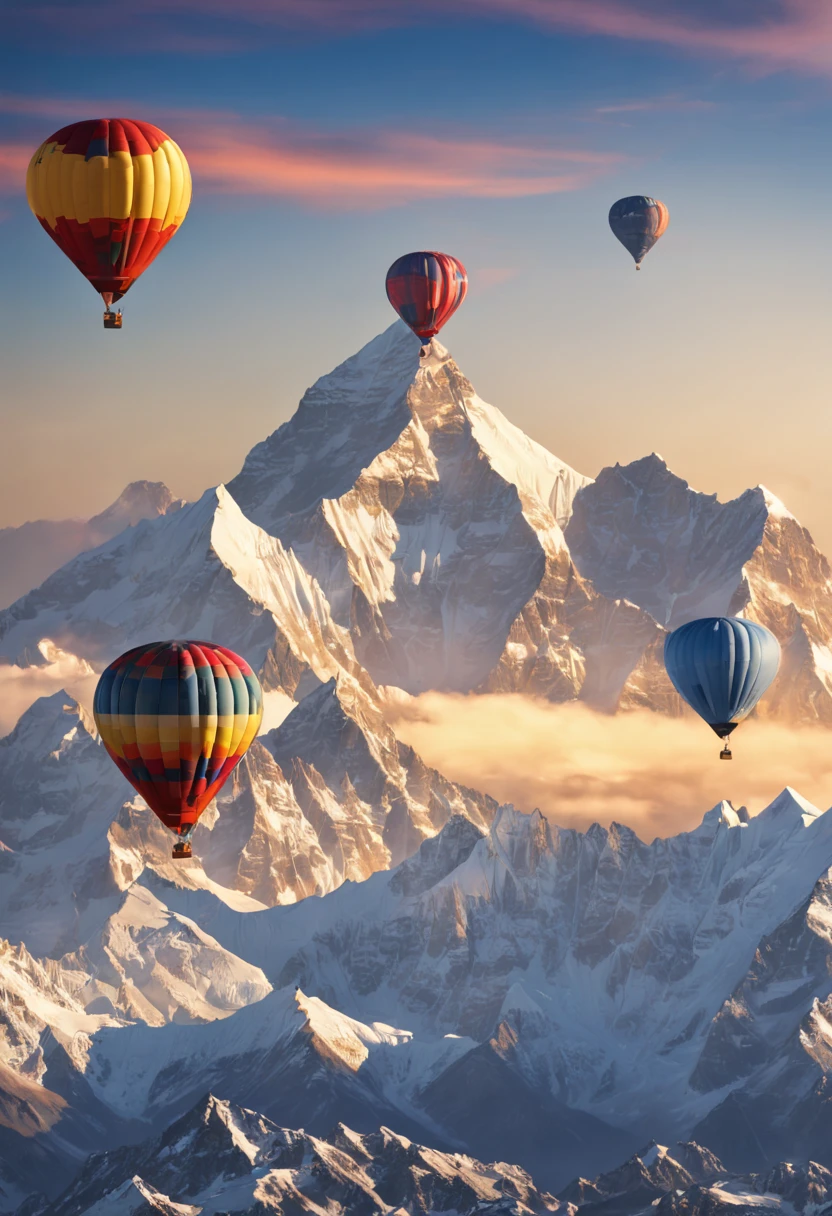 (8 thousand, 16K, award-winning, best quality, high resolution, super detail,Ultra-detailed, anatomically correct, table top),Three colorful hot air balloons fly over Mount Everest.,In the background are rolling snow-capped mountains at sunset,blue sky,sunset,