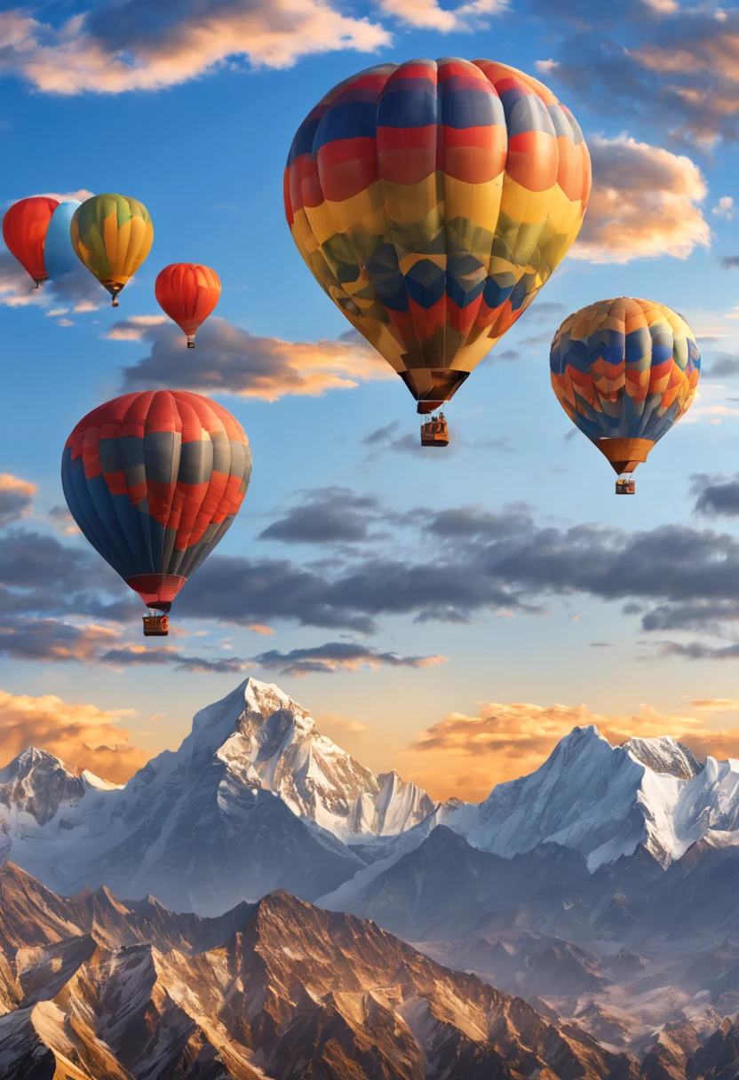 (8 thousand, 16K, award-winning, best quality, high resolution, super detail,Ultra-detailed, anatomically correct, table top)，Three colorful hot air balloons fly over Mount Everest.,In the background are rolling snow-capped mountains at sunset，blue sky，sunset，