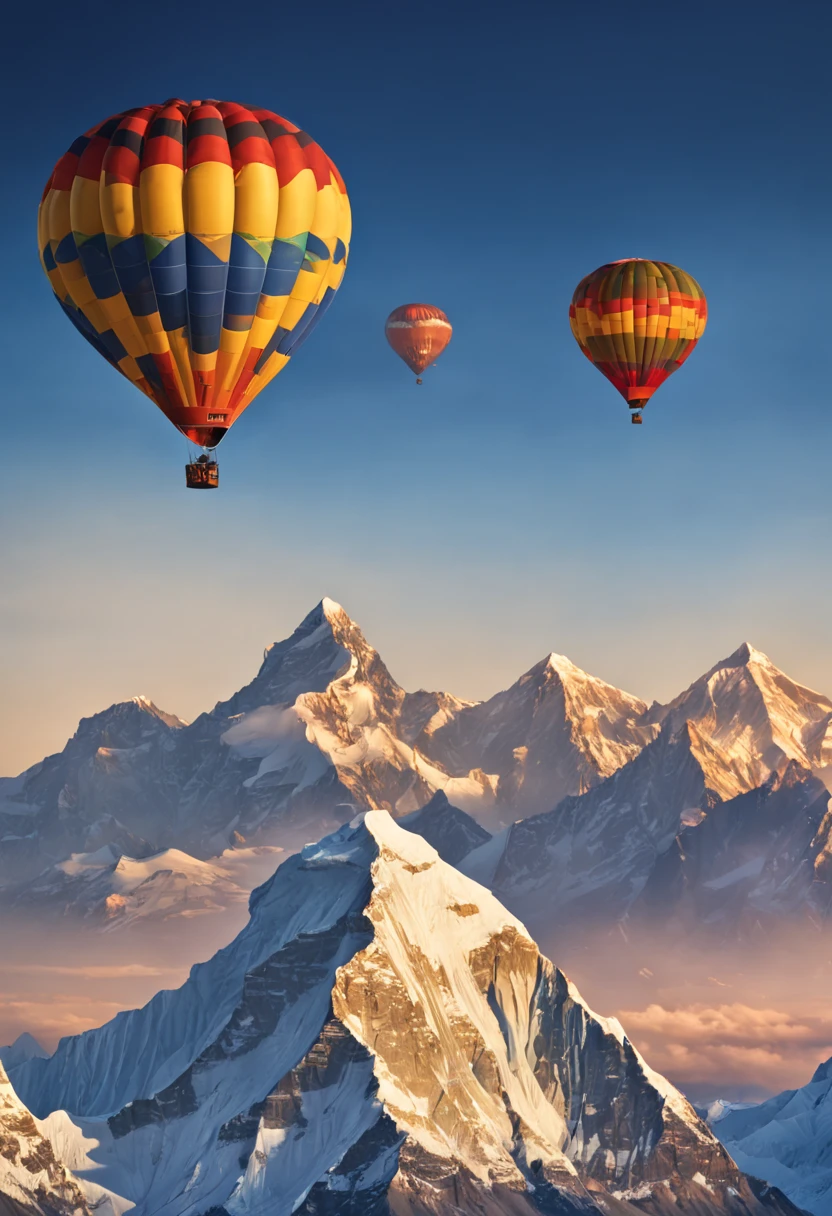 (8 thousand, 16K, award-winning, best quality, high resolution, super detail,Ultra-detailed, anatomically correct, table top)，Three colorful hot air balloons fly over Mount Everest.,In the background are rolling snow-capped mountains at sunset，blue sky，sunset，