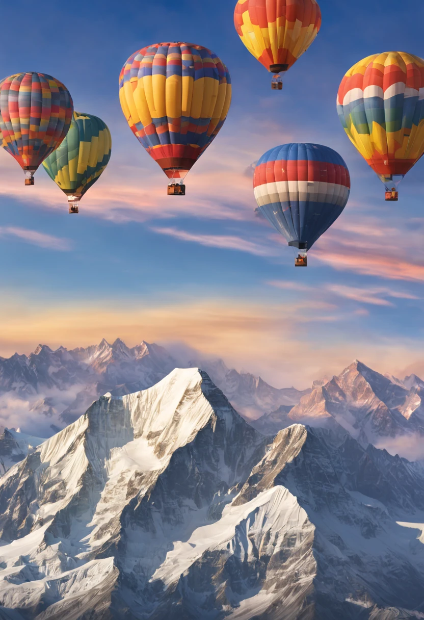 (8 thousand, 16K, award-winning, best quality, high resolution, super detail,Ultra-detailed, anatomically correct, table top)，Three colorful hot air balloons fly over Mount Everest.,In the background are rolling snow-capped mountains at sunset，blue sky，sunset，