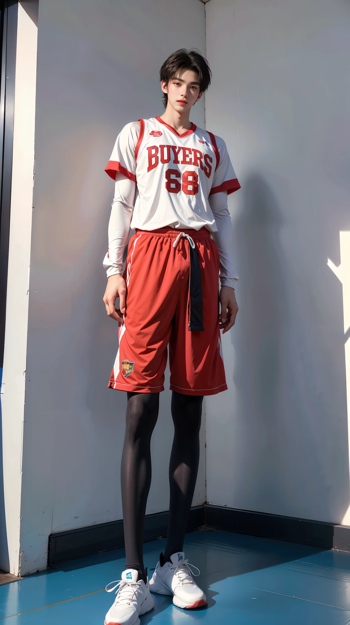 Two dimensions,18 year old boy on the basketball court,tall,Frontal heads-up lens,super tall guy,broad shoulders,(muscular),bodybuilding,The figure of the athlete,Leg length,perfect body proportions,2m height,boys tight basketball uniform,white socks,without wearing shoes,gradient color,black hair,The face is delicate and delicate,Perfect facial features blush,happy,cheer,Smile,8k realistic style,one person,Bubbles,masterpiece,best quality,Ray tracing