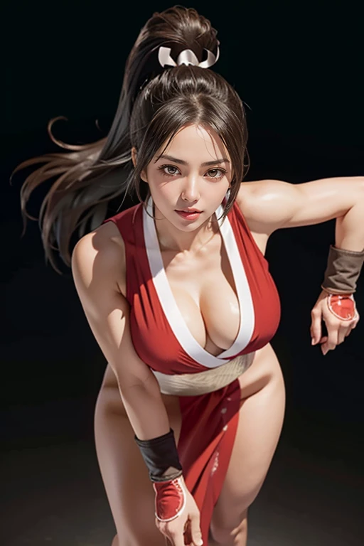 (mai shiranui:1.4), (tabi:1.4), (Full body:1.4), (Toe;1.3), (Realism), (master piece:1.2), (Best Quality), (ultra-detailliert), (8K, 4K, Convoluted), (Flat Lighting:1.2), (skinny), Prestige, Brown eyes, Long hair, brown eyes, long hair, brown hair, white ribbon, sleeveless, ponytail, sash, pelvic curtain, arm guards, gloves, tabi, fascinated expression, Sexy eyes, slim, medium breasts, Smile, Cute, view the viewer, Long hair, Close to Japan temple, (breasts focus:1.2), (Realistic:1.2), light Particle, Lighting, (Highly detailed:1.2), (Detailed face:1.2), (gradients), SFV, Colorful, (Detailed eyes:1.2), Detailed temples of Japan, Detailed background, (Dynamic Angle:1.2), Dynamic Pose, Wide Shot, Daylight, Solo.