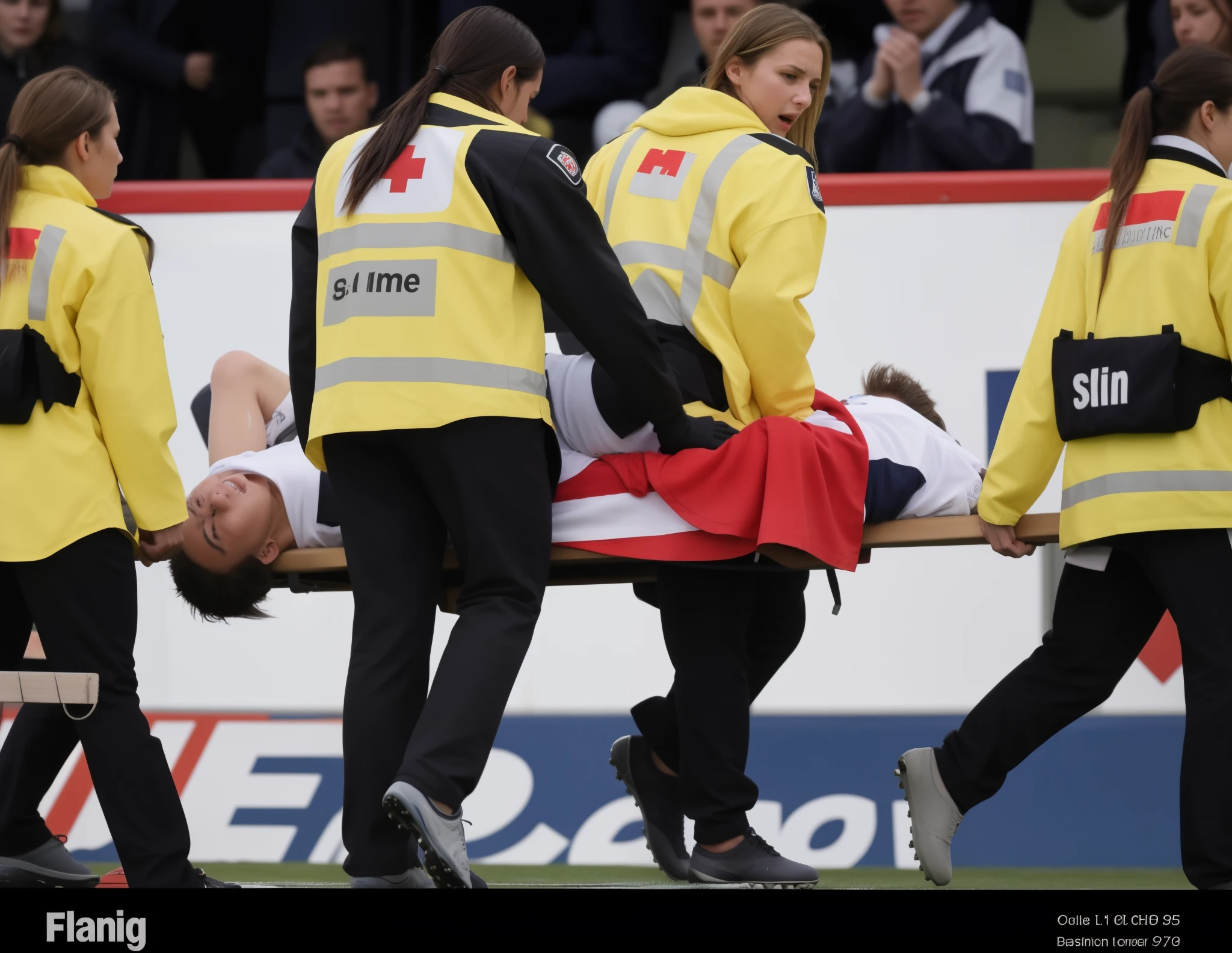 a soccer scene in a sports stadium, cool and wet weather conditions, humide ground, rainy sky, injury scene in a sports stadium, stretcher carry, there are four female medics carrying a stretcher, there are four female medics in very shiny coats who are carrying a stretcher in a sports stadium, there is a wounded male soccer player in a matte short cotton sports outfit lying on the stretcher, an injured male soccer player in matte cotton sportswear is lying in pain on a stretcher, a soccer player in matte cotton sports clothes is rearing up in intense pain while lying on a stretcher, dramatic scene, theatralic posing scene, dramatic pity scene, injury soccer, first aid, help, pity, there are four female medics in wetlook high-shine coats who are looking very sad and very terrified and very shocked, the injured soccer player is screaming out in pain while he is carried from the pitch on a stretcher 