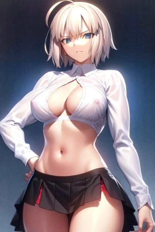 1 girl,short silver hair,large breasts,dress shirt,skirt,clothes lift,show off bra,show off panties,side tie panties,bra,beatiful detailed breasts,beatiful detailed clothes,beatiful detailed 5 fingers,beatiful detailed arms,nsfw,ultra detailed,anime style