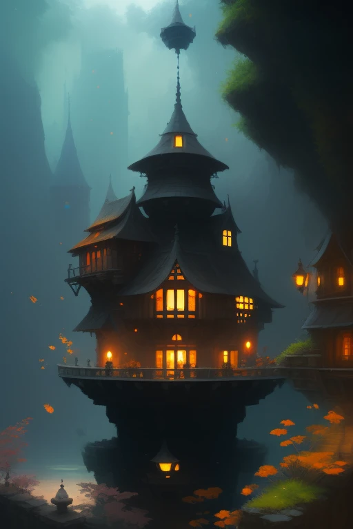 Un joueur de flûte traversière assis sur une maison au milieu de la eau avec beaucoup de poissons, maison fantastique, belle rendu de conte de fée, peinture mate fantastique,mignon, style andréas rocha, architecture fantastique, art fantastique, art numérique fantastique détaillé, inspiré par Andreas Rocha, art de style fantastique, art conceptuel magique fantastique en 2D, illustration fantastique réaliste, Art fantastique 4k