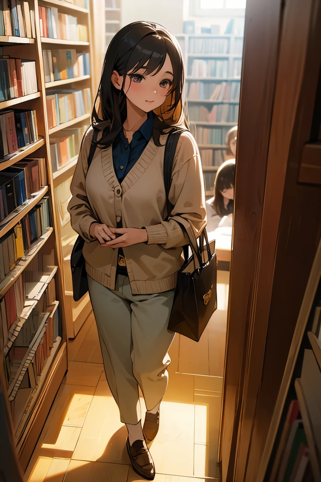 Detailed, lifelike photo of a young, charming woman in her 30s with an innocent idol appearance, dressed in a smart casual outfit, working as a bookstore manager, amidst rows of bookshelves, soft, warm lighting, creating a cozy, intellectual atmosphere.