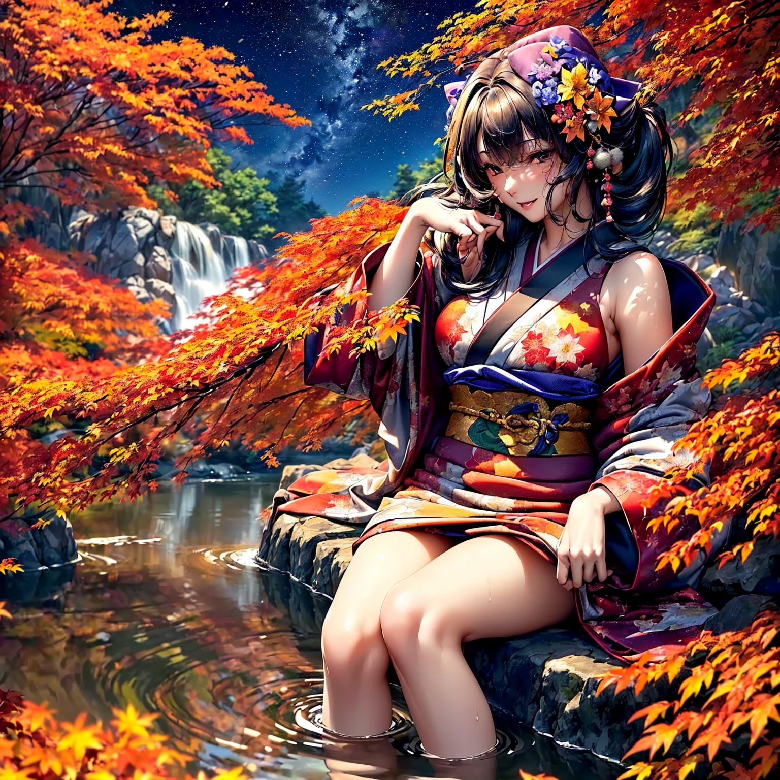 (((highest quality、masterpiece、very high resolution、highly detailed images、detailed details)))、(A woman of perfect and ultimate beauty:18-year-old, beautiful body、beautiful face、beautiful hair,bright smile)、(Slender and beautiful body, best skin and hair texture)、(((japanese kimono:Beautiful, floral and colorful,shoulders are exposed,I can see my thighs))),((Mt. Momiji:Beautiful autumn leaves,mysterious night sky,natural light,beautiful scenery,beautiful scenery,Beautiful colors)),(water play,beautiful pose,model shoot,Hair flutters under the influence of the wind),bijinga,realistic portrait,Overall image、accurate image、accurate anatomy、Image without defects,(best shot,RAW photo:1.2)
