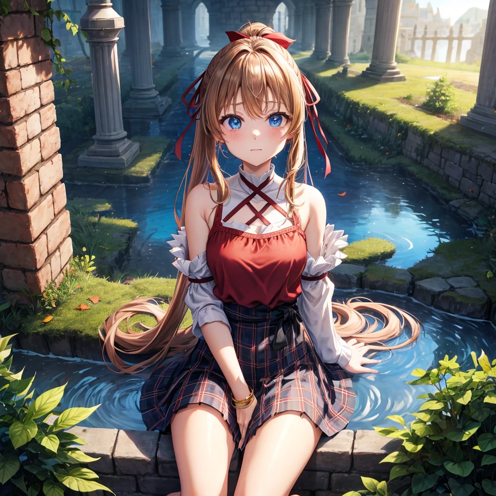 reddish-brown blonde、blue hair、blue eyes、ponytail、one good looking girl、solo、anime、Plaid miniskirt、camisole、sitting、black t-shirt、Tilting your face、Doing the ribbon、Ribbon at waist、sunset sky、broken stone steps、Remains、tunnel、Fallen leaves、Light and shadow、monster castle、One leg is raised、castle floating in the air、column、Jewelry box、flag、sparks fall、forest、Hand mirror、bondage、tall grass grows、cloak、circular cobblestone、the ground is cracked、aquarium、Vortex of Light