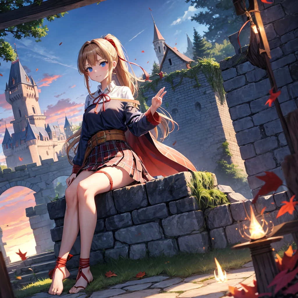 reddish-brown blonde、blue hair、blue eyes、ponytail、one good looking girl、solo、anime、Plaid miniskirt、camisole、sitting、black t-shirt、Tilting your face、Doing the ribbon、Ribbon at waist、sunset sky、broken stone steps、Remains、tunnel、Fallen leaves、Light and shadow、monster castle、One leg is raised、castle floating in the air、column、Jewelry box、flag、sparks fall、forest、Hand mirror、bondage、tall grass grows、cloak、circular cobblestone、the ground is cracked、aquarium、Vortex of Light