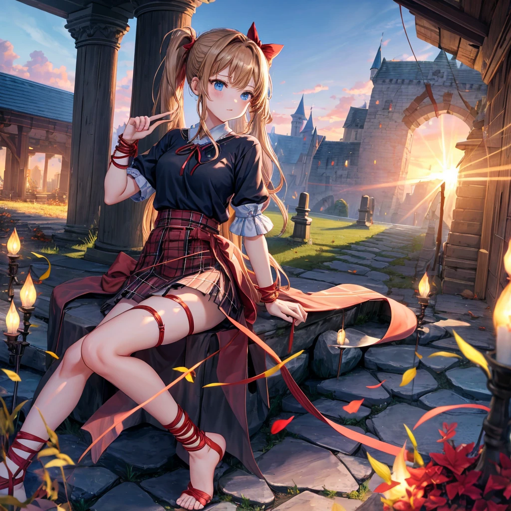reddish-brown blonde、blue hair、blue eyes、ponytail、one good looking girl、solo、anime、Plaid miniskirt、camisole、sitting、black t-shirt、Tilting your face、Doing the ribbon、Ribbon at waist、sunset sky、broken stone steps、Remains、tunnel、Fallen leaves、Light and shadow、monster castle、One leg is raised、castle floating in the air、column、Jewelry box、flag、sparks fall、forest、Hand mirror、bondage、tall grass grows、cloak、circular cobblestone、the ground is cracked、aquarium、Vortex of Light