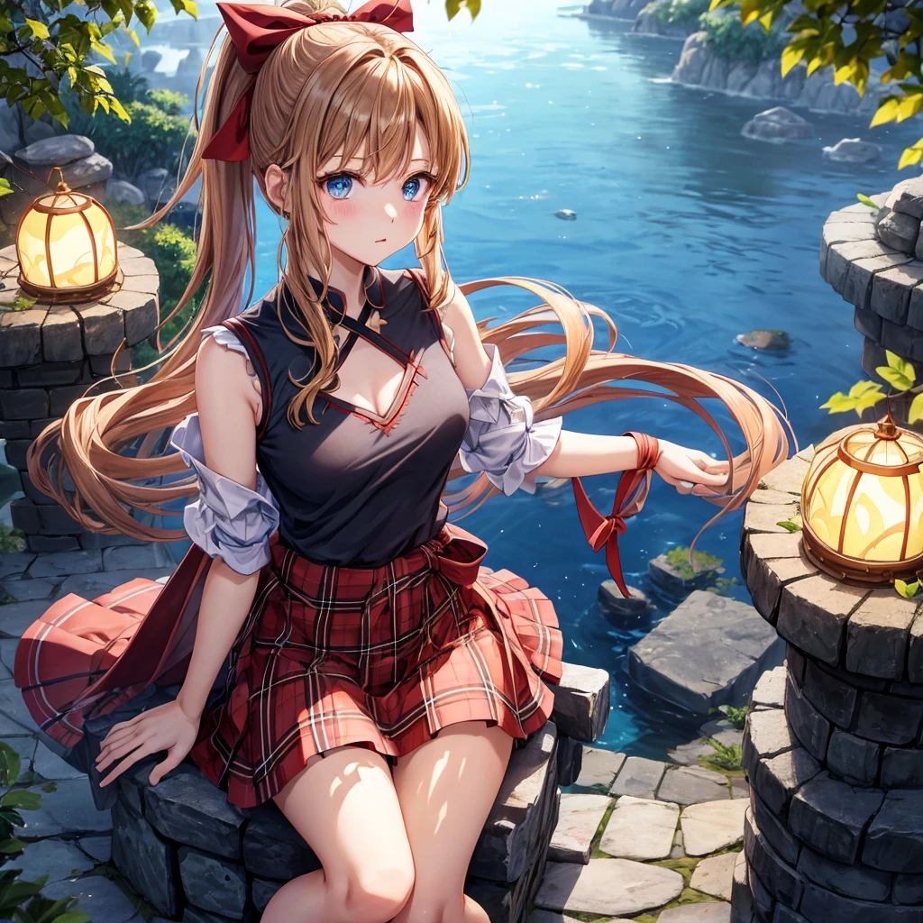 reddish-brown blonde、blue hair、blue eyes、ponytail、one good looking girl、solo、anime、Plaid miniskirt、camisole、sitting、black t-shirt、Tilting your face、Doing the ribbon、Ribbon at waist、sunset sky、broken stone steps、Remains、tunnel、Fallen leaves、Light and shadow、monster castle、One leg is raised、castle floating in the air、column、Jewelry box、flag、sparks fall、forest、Hand mirror、bondage、tall grass grows、cloak、circular cobblestone、the ground is cracked、aquarium、Vortex of Light
