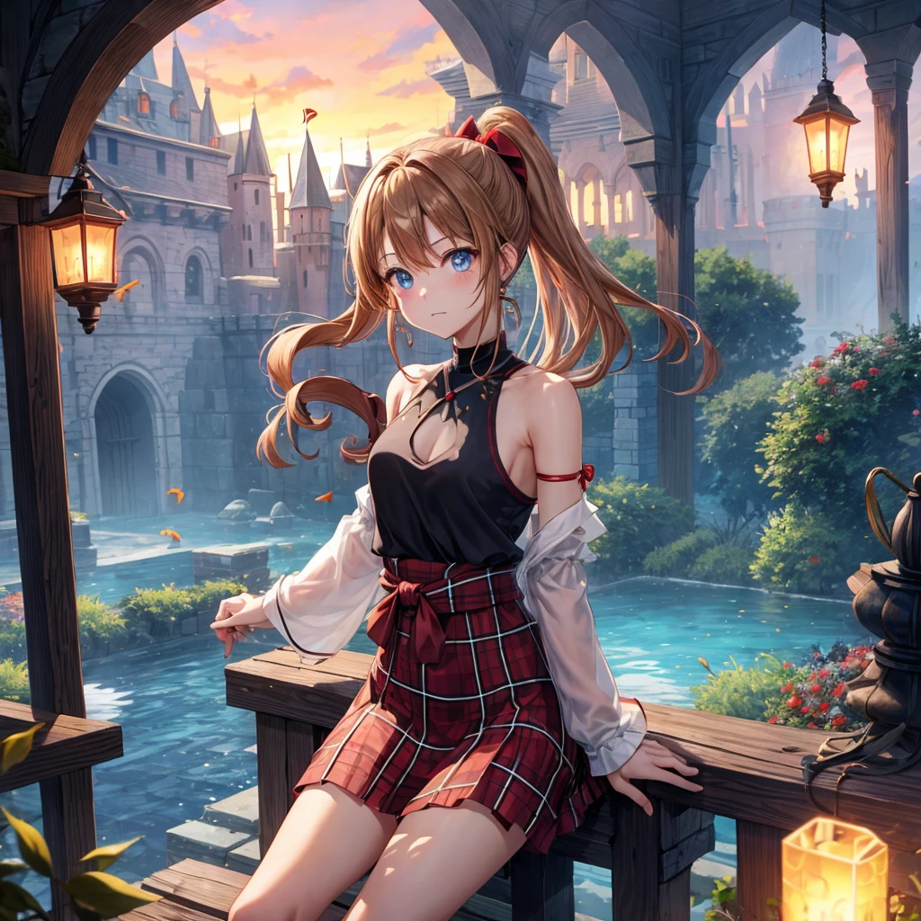 reddish-brown blonde、blue hair、blue eyes、ponytail、one good looking girl、solo、anime、Plaid miniskirt、camisole、sitting、black t-shirt、Tilting your face、Doing the ribbon、Ribbon at waist、sunset sky、broken stone steps、Remains、tunnel、Fallen leaves、Light and shadow、monster castle、One leg is raised、castle floating in the air、column、Jewelry box、flag、sparks fall、forest、Hand mirror、bondage、tall grass grows、cloak、circular cobblestone、the ground is cracked、aquarium、Vortex of Light