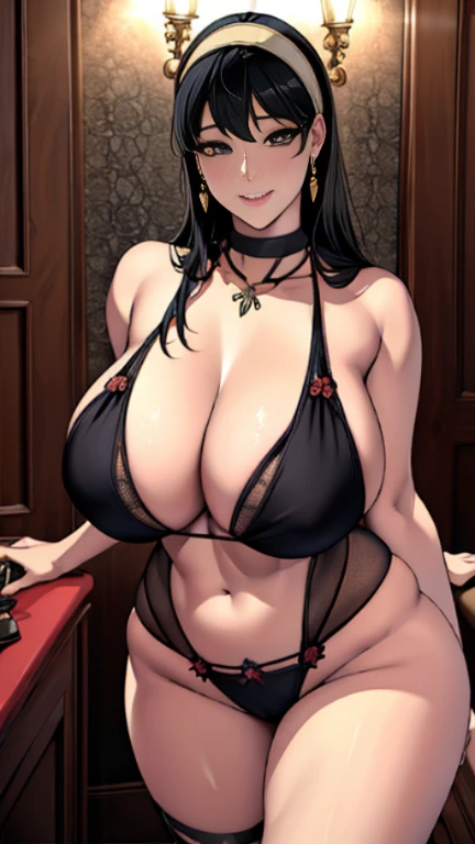 (masterpiece),Yor Briar (Spy × Family) , best quality, ultra realistic detailed red eyes, perfect face, night garden background, beautiful sleeveless night lingerie and cotton panty, flower necklace on her head, arms up, looking at viewers, massive breast with thigh legs, looking at viewers, front facing, front view, happy face, smiling, perfect curvy shaped beautiful body, realistic body , black long hair