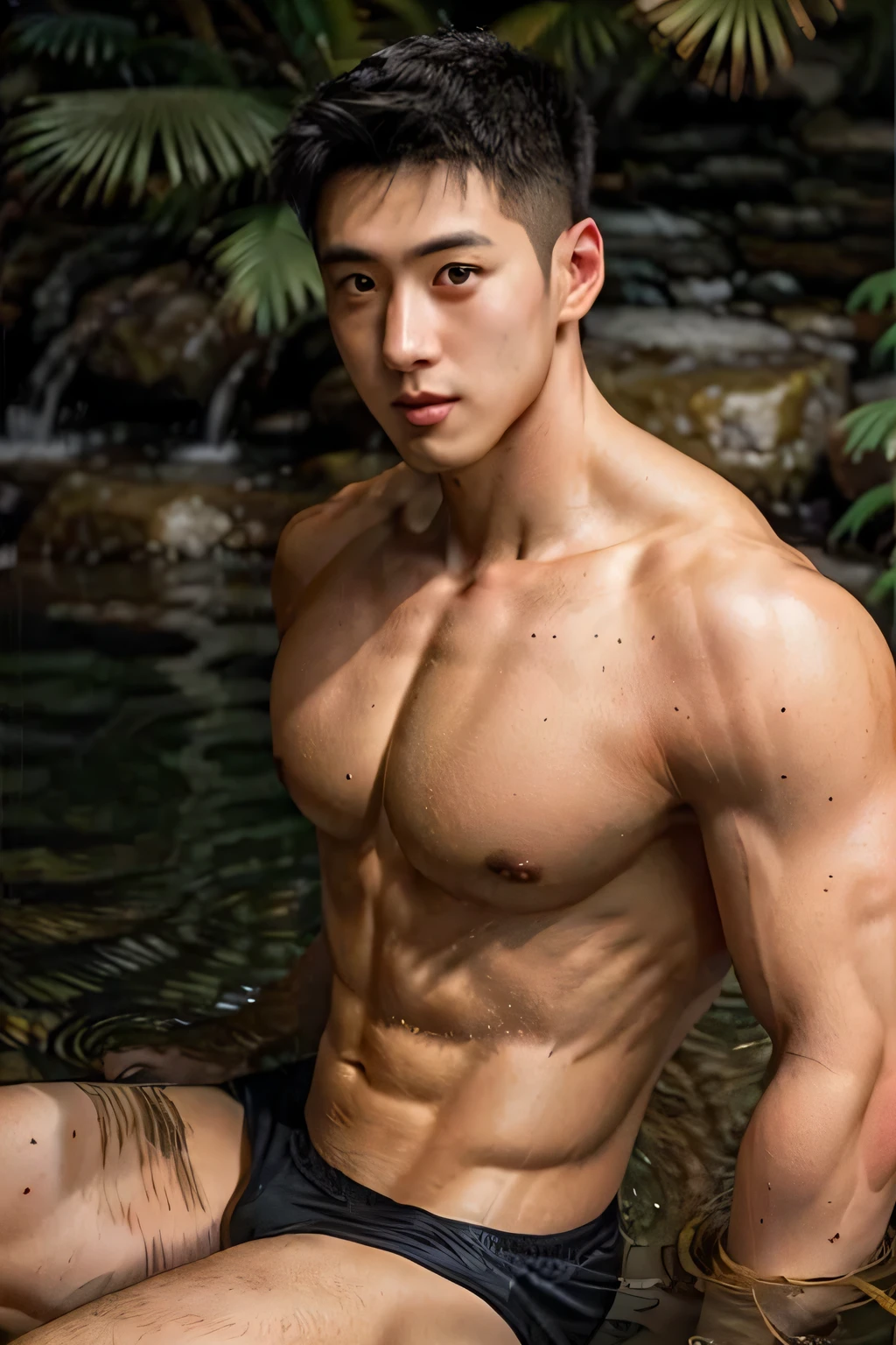 1 person, 25-year-old muscular man, shirtless,river delta, soft light, masterpiece, best quality, 8k ultra high definition, SLR camera, film grain, Fujifilm XT3 photorealistic artwork by Midjourney and greg rutkowski,simple background