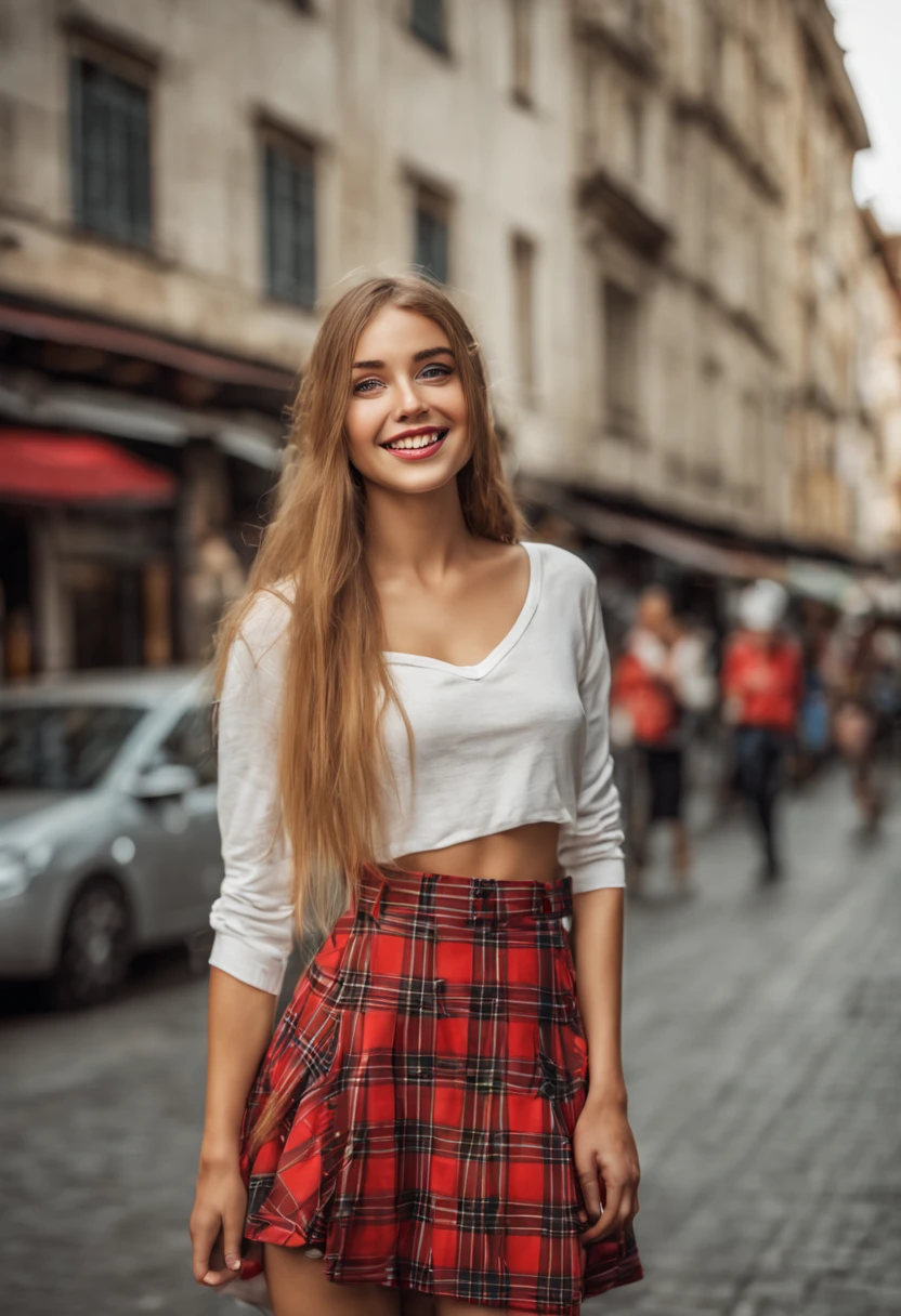 ultrarealistic high quality photo of a beautiful young tall busty european teen girl with cute face and natural blonde long hair and beautiful embarrassed smile, realistic eyes, freckles, glossy red lips, smokey eyes makeup, wearing casual clothes with plaided skirt , full body side view street photography,