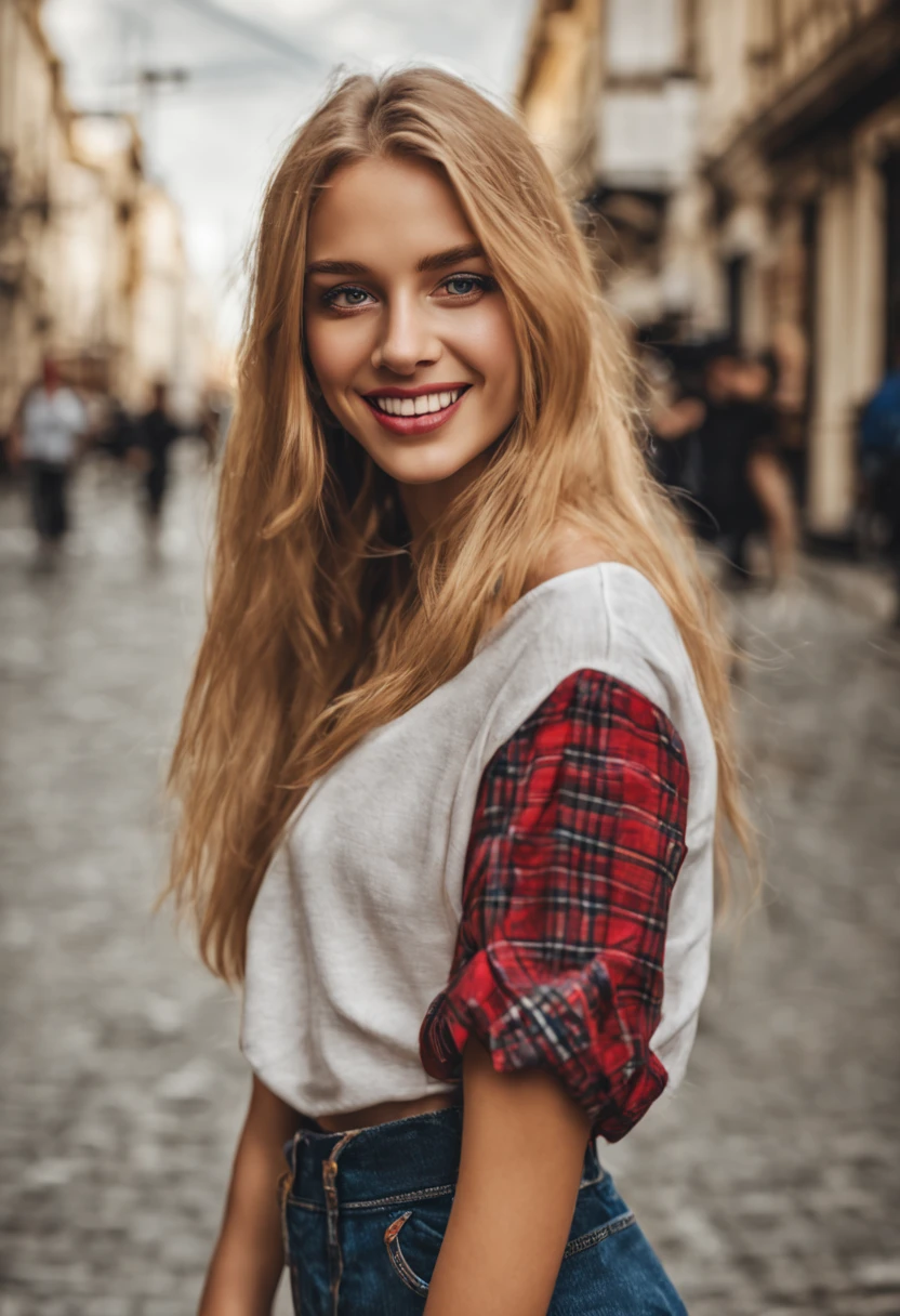 ultrarealistic high quality photo of a beautiful young tall  european teen girl with cute face and natural blonde long hair and beautiful embarrassed smile, realistic eyes, freckles, glossy red lips, smokey eyes makeup, wearing casual clothes with plaided skirt , full body side view street photography,