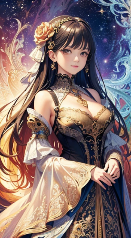 (Masterpiece of intricate fractal art design, showcasing the highest and best quality, an official art piece to behold, exquisitely beautiful and breathtaking: 1.2), (One enchanting girl,) vividly and incredibly detailed, (Fractal art, bursting with vivid colors,) each pixel meticulously crafted, (Maximum details that leave viewers in awe.`)