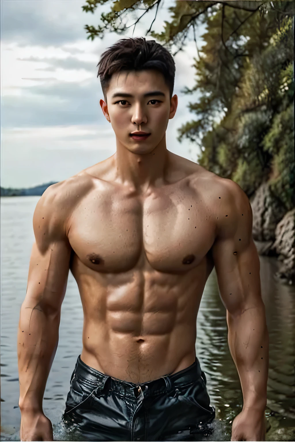 1 person, 25-year-old muscular man, shirtless,river delta, soft light, masterpiece, best quality, 8k ultra high definition, SLR camera, film grain, Fujifilm XT3 photorealistic artwork by Midjourney and greg rutkowski,simple background