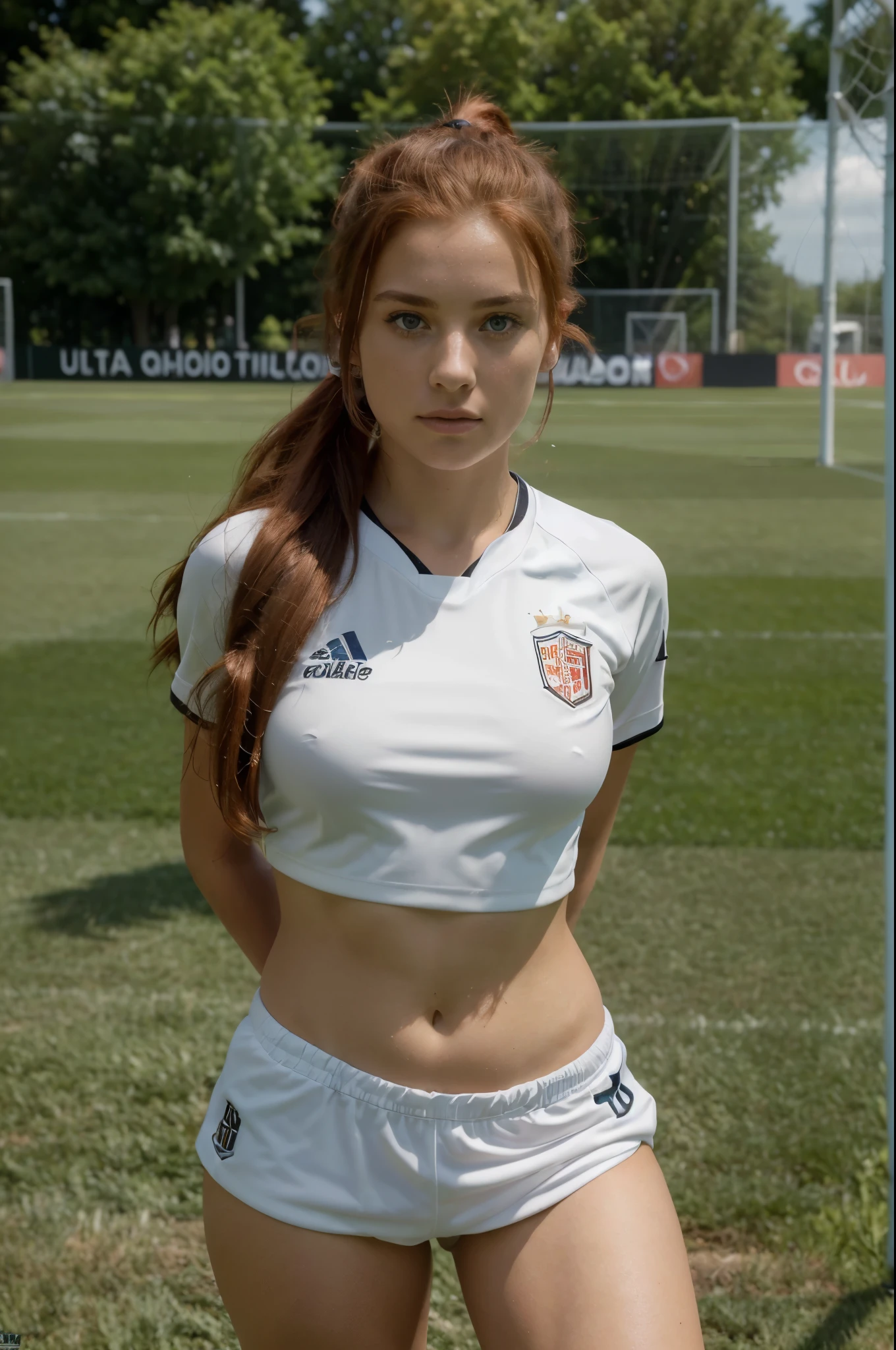 (8k, ultra high res, best quality, high_quality, masterpiece:1.2), realistic, (ultra detailed eyes and face), (ultra detailed beautiful skin), solo, 1 girl, 25 year old woman, soccer player, on soccer field, long red hair in ponytail, medium breasts, wearing soccer uniform, full body shot, eye contact
