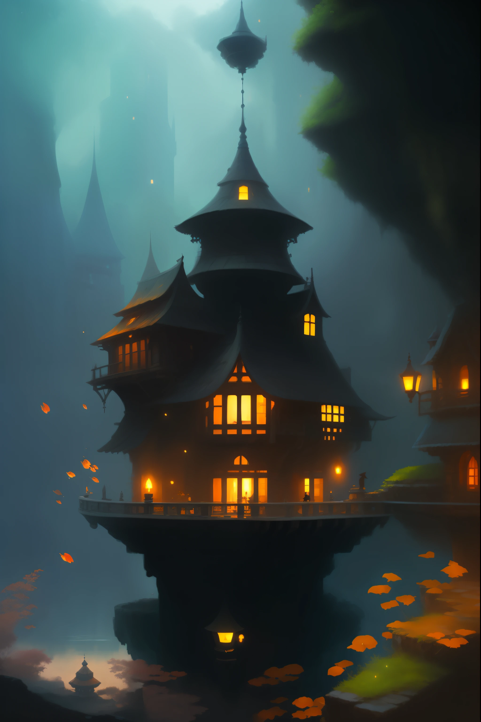Un joueur de flûte traversière assis sur une maison au milieu de la eau avec beaucoup de poissons, maison fantastique, belle rendu de conte de fée, peinture mate fantastique,mignon, style andréas rocha, Architecture fantastique, Art fantastique, art numérique fantastique détaillé, inspiré par Andreas Rocha, Art de style fantastique, art conceptuel magique fantastique en 2D, illustration fantastique réaliste, Art fantastique 4k