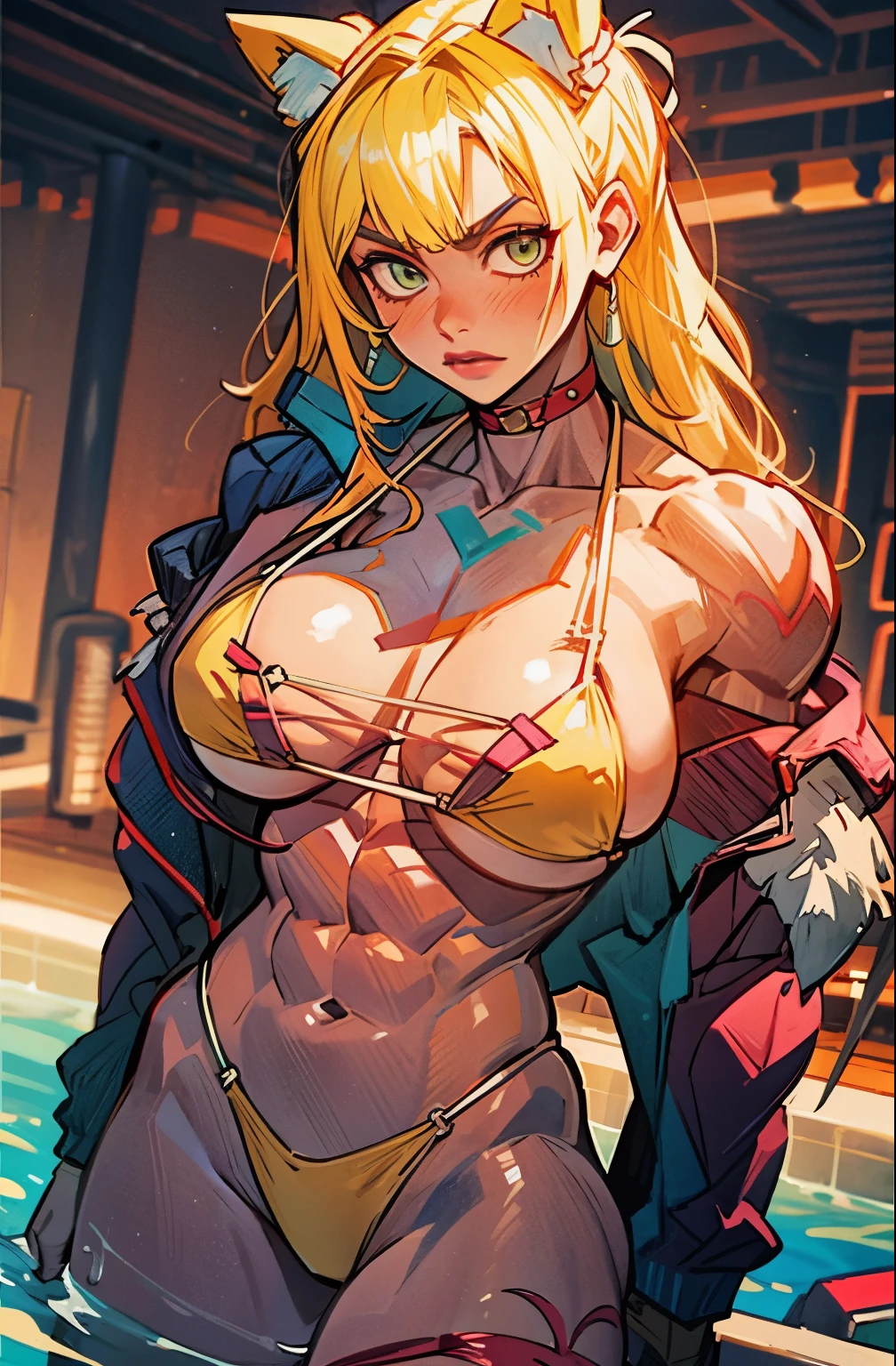 , muscular, woman with muscles, huge chest pov, hentai, yellow hair bikini,