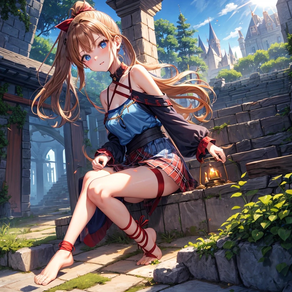 reddish-brown blonde、blue hair、blue eyes、ponytail、one good looking girl、solo、anime、Plaid miniskirt、camisole、sitting、black t-shirt、Tilting your face、Doing the ribbon、Ribbon at waist、sunset sky、broken stone steps、Remains、tunnel、Fallen leaves、Light and shadow、monster castle、One leg is raised、castle floating in the air、column、Jewelry box、flag、sparks fall、forest、Hand mirror、bondage、tall grass grows、cloak、circular cobblestone、the ground is cracked、aquarium、Vortex of Light、looking down