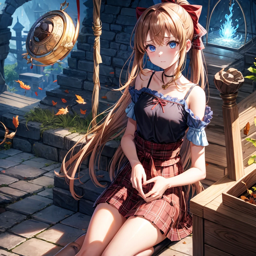 reddish-brown blonde、blue hair、blue eyes、ponytail、one good looking girl、solo、anime、Plaid miniskirt、camisole、sitting、black t-shirt、Tilting your face、Doing the ribbon、Ribbon at waist、sunset sky、broken stone steps、Remains、tunnel、Fallen leaves、Light and shadow、monster castle、One leg is raised、castle floating in the air、column、Jewelry box、flag、sparks fall、forest、Hand mirror、bondage、tall grass grows、cloak、circular cobblestone、the ground is cracked、aquarium、Vortex of Light、looking down