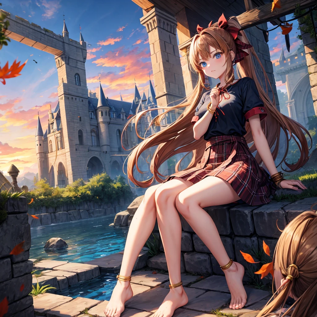 reddish-brown blonde、blue hair、blue eyes、ponytail、one good looking girl、solo、anime、Plaid miniskirt、camisole、sitting、black t-shirt、Tilting your face、Doing the ribbon、Ribbon at waist、sunset sky、broken stone steps、Remains、tunnel、Fallen leaves、Light and shadow、monster castle、One leg is raised、castle floating in the air、column、Jewelry box、flag、sparks fall、forest、Hand mirror、bondage、tall grass grows、cloak、circular cobblestone、the ground is cracked、aquarium、Vortex of Light、looking down
