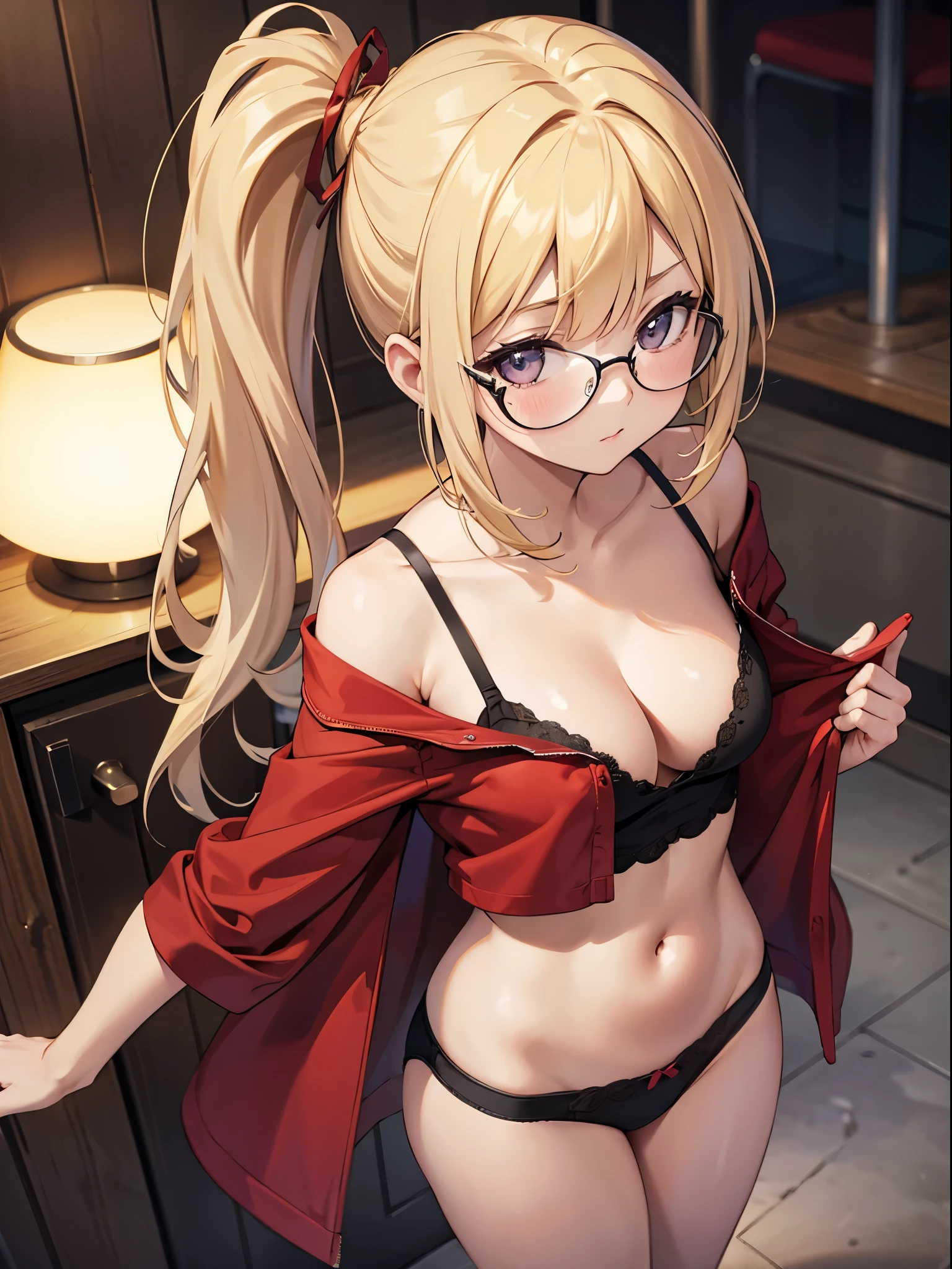 in public, boring, bangs, body, girl, blonde hair tied in a side ponytail, sensual cleavage, red blouse, round breasts, ass facing the viewer, Ultra HD, 4k image, glasses, character close to camera, V panties, sensual panties, low waist panties, 1.3 short miniskirt, view from above, camera from above