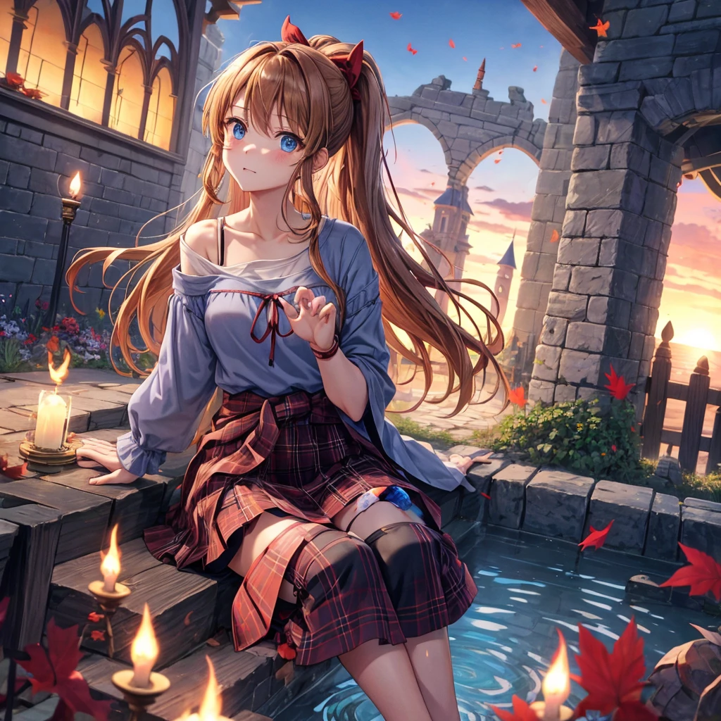 reddish-brown blonde、blue hair、blue eyes、ponytail、one good looking girl、solo、anime、Plaid miniskirt、camisole、sitting、black t-shirt、Tilting your face、Doing the ribbon、Ribbon at waist、sunset sky、broken stone steps、Remains、tunnel、Fallen leaves、Light and shadow、monster castle、One leg is raised、castle floating in the air、column、Jewelry box、flag、sparks fall、forest、Hand mirror、bondage、tall grass grows、cloak、circular cobblestone、the ground is cracked、aquarium、Vortex of Light、looking down