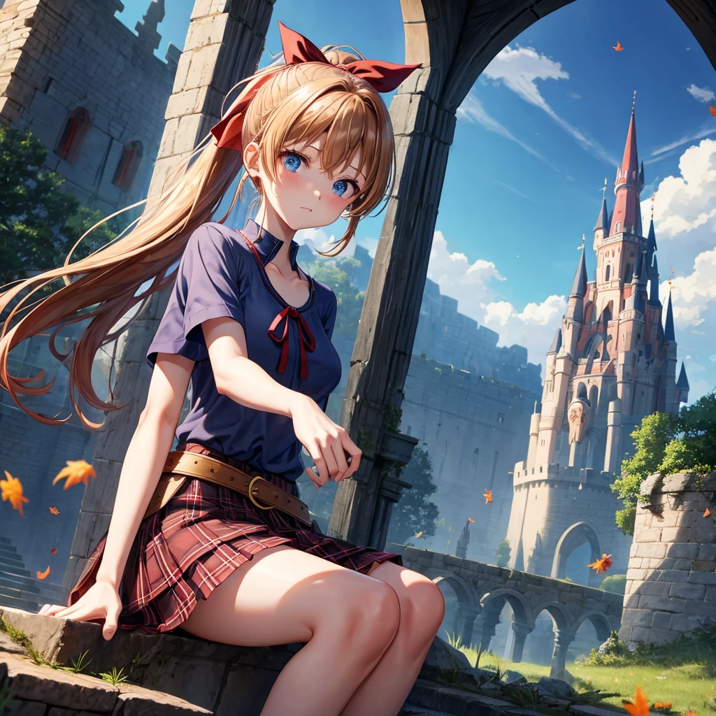 reddish-brown blonde、blue hair、blue eyes、ponytail、one good looking girl、solo、anime、Plaid miniskirt、camisole、sitting、black t-shirt、Tilting your face、Doing the ribbon、Ribbon at waist、sunset sky、broken stone steps、Remains、tunnel、Fallen leaves、Light and shadow、monster castle、One leg is raised、castle floating in the air、column、Jewelry box、flag、sparks fall、forest、Hand mirror、bondage、tall grass grows、cloak、circular cobblestone、the ground is cracked、aquarium、Vortex of Light、looking down