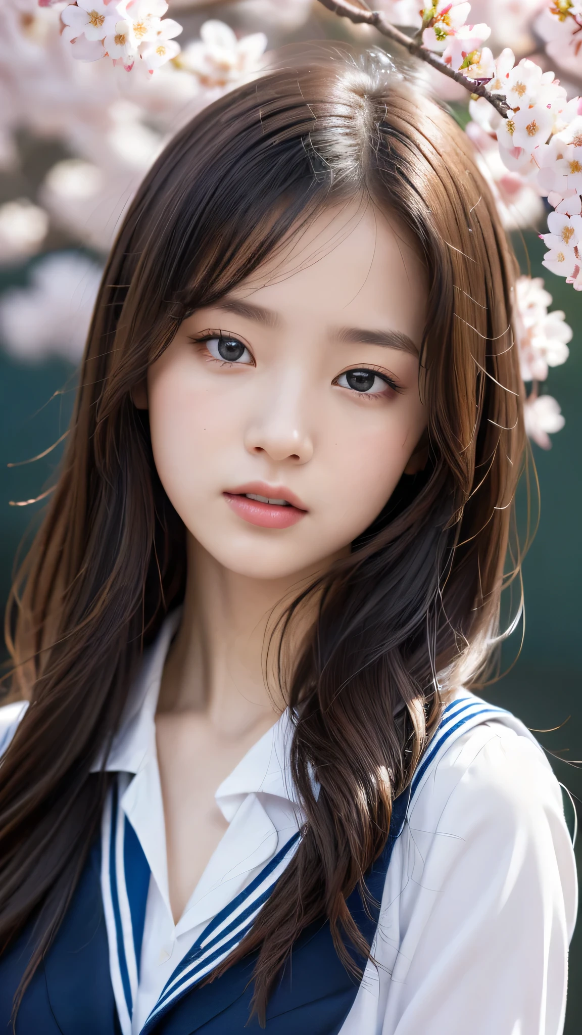 (1ung girl), Amazing face and eyes, (amazingly beautiful girl), (Best Quality:1.4), (Ultra-detailed), (extremely detailed CG unified 8k wallpaper), Highly detailed, High-definition raw color photos, Professional Photography, sailor uniform, school uniform, School, Spring, cherry blossoms,