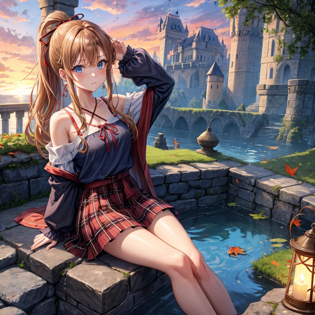 reddish-brown blonde、blue hair、blue eyes、ponytail、one good looking girl、solo、anime、Plaid miniskirt、camisole、sitting、black t-shirt、Tilting your face、Doing the ribbon、Ribbon at waist、sunset sky、broken stone steps、Remains、tunnel、Fallen leaves、Light and shadow、monster castle、One leg is raised、castle floating in the air、column、Jewelry box、flag、sparks fall、forest、Hand mirror、bondage、tall grass grows、cloak、circular cobblestone、the ground is cracked、aquarium、Vortex of Light、looking down