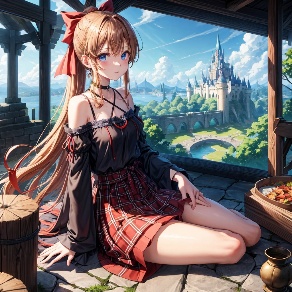 reddish-brown blonde、blue hair、blue eyes、ponytail、one good looking girl、solo、anime、Plaid miniskirt、camisole、sitting、black t-shirt、Tilting your face、Doing the ribbon、Ribbon at waist、sunset sky、broken stone steps、Remains、tunnel、Fallen leaves、Light and shadow、monster castle、One leg is raised、castle floating in the air、column、Jewelry box、flag、sparks fall、forest、Hand mirror、bondage、tall grass grows、cloak、circular cobblestone、the ground is cracked、aquarium、Vortex of Light、looking down