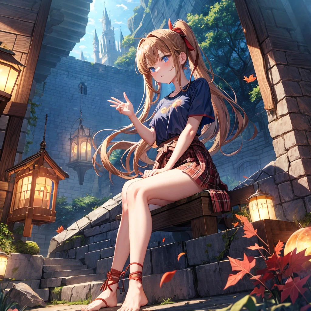 reddish-brown blonde、blue hair、blue eyes、ponytail、one good looking girl、solo、anime、Plaid miniskirt、camisole、squatting down、black t-shirt、Tilting your face、Doing the ribbon、Ribbon at waist、sunset sky、broken stone steps、Remains、tunnel、Fallen leaves、Light and shadow、monster castle、One leg is raised、castle floating in the air、column、Jewelry box、flag、sparks fall、forest、Hand mirror、bondage、tall grass grows、cloak、circular cobblestone、the ground is cracked、aquarium、Vortex of Light、looking down、Fairies are flying