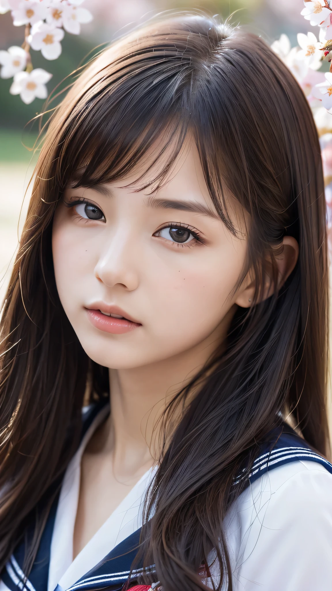 (1young girl), Amazing face and eyes, (amazingly beautiful girl), (Best Quality:1.4), (Ultra-detailed), (extremely detailed CG unified 8k wallpaper), Highly detailed, High-definition raw color photos, Professional Photography, sailor uniform, school uniform, School, Spring, cherry blossoms,