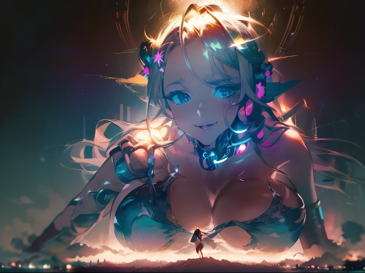 2 girl Anime giantess, giant breasts, gigantic breasts, giantess, masterpiece, best quality, flawless skin, detailed eyes, giga giantess, alien giantess, bigger than planet, , naked, no clothing, long hair, wavy hair, colored hair, pure glowing white angelic eyes, biggest breasts, giantess growth, Angelic Halo, giga anime giantess, Seductive, horny, flushed, perfect skin, neon blue and red lights, space in background, much larger than universe, breasts larger than earth, glowing seductive white angelic eyes, completely white eyes, neon red ominous pupils, futuristic, Sitting up straight, Leaning towards the viewer, Multiple girls, Ominous but comforting smile, Luring the viewer, SFW,