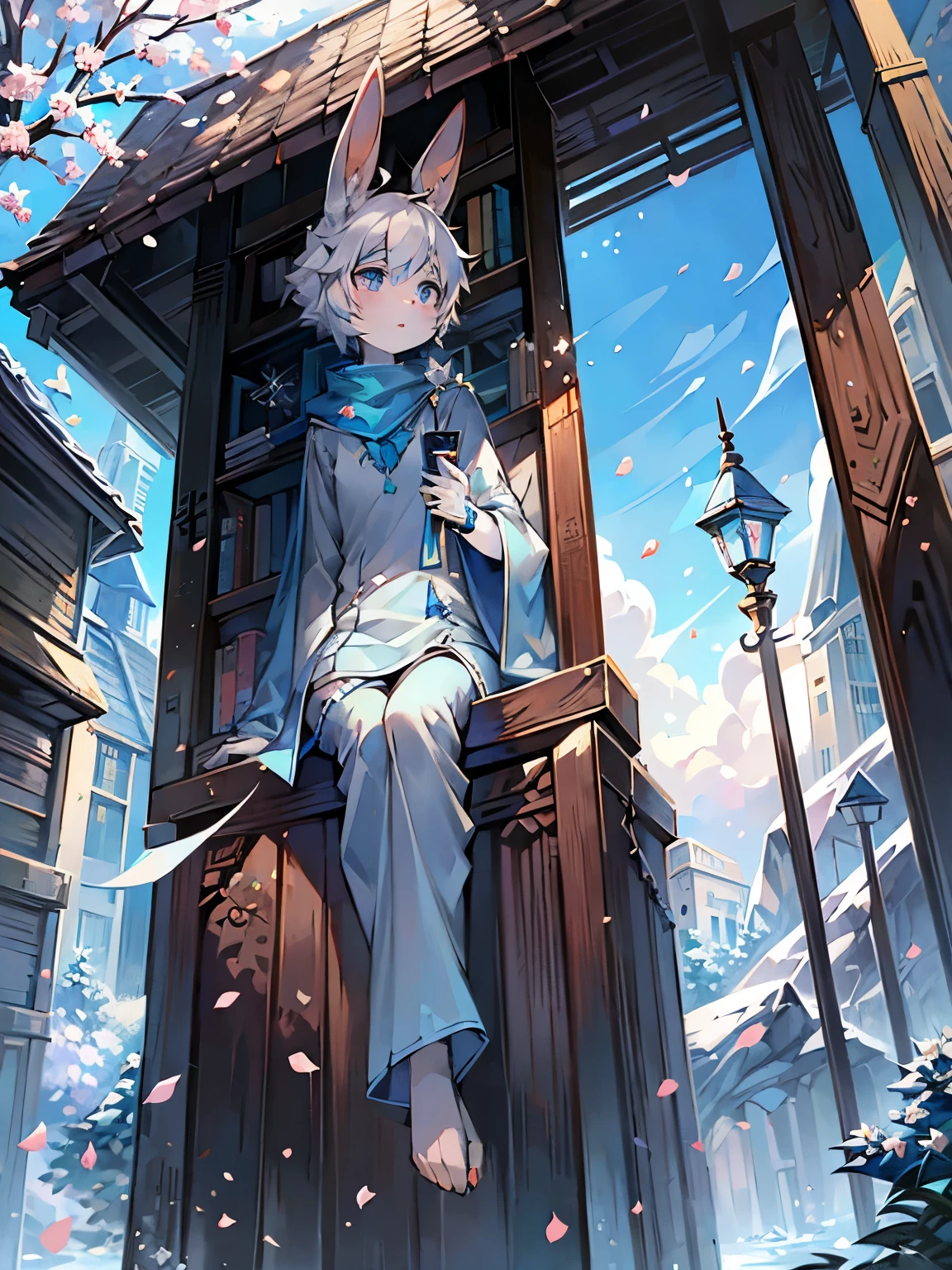 A white rabbit，Long blue scarf，blue robe，sitting on a rock，Blue scarf，clear blue sky，Long rabbit ear hair，Long-sleeved shirt，Shota，white hair，Fluttering petals，HD，The face is clear，quill，snowflake，parchment，plum blossom branch，holding two books in hand，Holding an envelope in his hand，paint brushes，short hair girl，Crystal pupils，cute girl