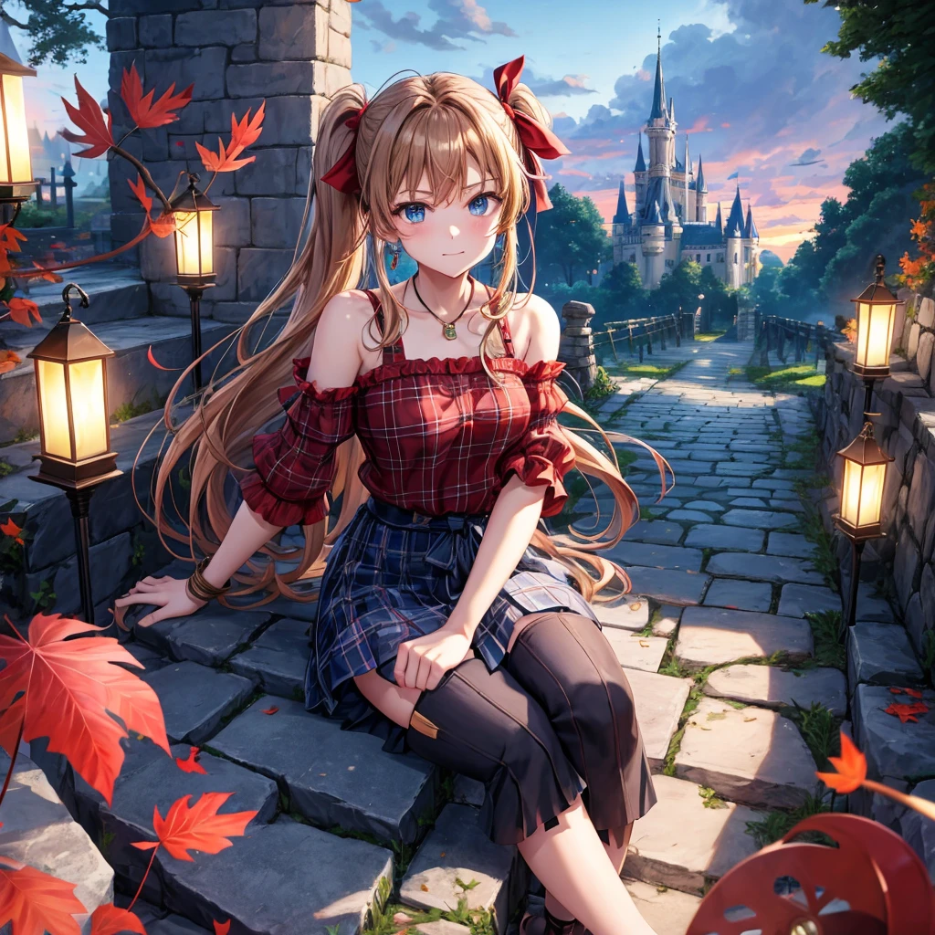 reddish-brown blonde、blue hair、blue eyes、ponytail、one good looking girl、solo、anime、Plaid miniskirt、camisole、sitting、black t-shirt、Tilting your face、Doing the ribbon、Ribbon at waist、sunset sky、broken stone steps、Remains、tunnel、Fallen leaves、Light and shadow、monster castle、One leg is raised、castle floating in the air、column、Jewelry box、flag、sparks fall、forest、Hand mirror、bondage、tall grass grows、cloak、circular cobblestone、the ground is cracked、aquarium、Vortex of Light、looking down