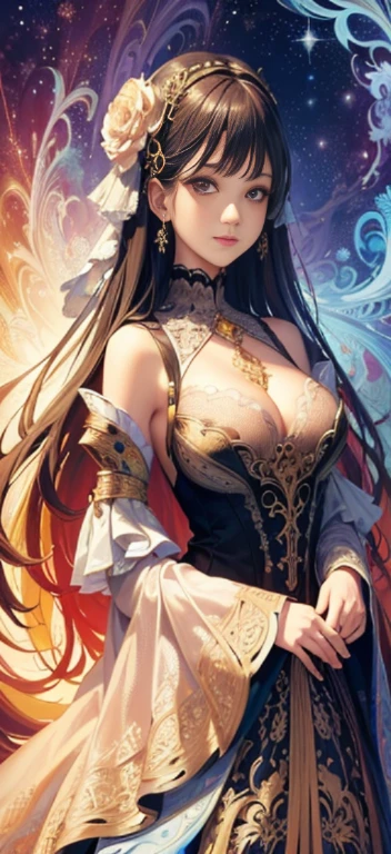 (Masterpiece of intricate fractal art design, showcasing the highest and best quality, an official art piece to behold, exquisitely beautiful and breathtaking: 1.2), (One enchanting girl,) vividly and incredibly detailed, (Fractal art, bursting with vivid colors,) each pixel meticulously crafted, (Maximum details that leave viewers in awe.`)