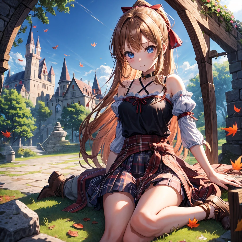 reddish-brown blonde、blue hair、blue eyes、ponytail、one good looking girl、solo、anime、Plaid miniskirt、camisole、sitting、black t-shirt、Tilting your face、Doing the ribbon、Ribbon at waist、sunset sky、broken stone steps、Remains、tunnel、Fallen leaves、Light and shadow、monster castle、One leg is raised、castle floating in the air、column、Jewelry box、flag、sparks fall、forest、Hand mirror、bondage、tall grass grows、cloak、circular cobblestone、the ground is cracked、aquarium、Vortex of Light、looking down、Fairies are flying