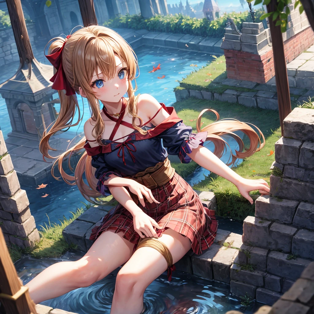 reddish-brown blonde、blue hair、blue eyes、ponytail、one good looking girl、solo、anime、Plaid miniskirt、camisole、sitting、black t-shirt、Tilting your face、Doing the ribbon、Ribbon at waist、sunset sky、broken stone steps、Remains、tunnel、Fallen leaves、Light and shadow、monster castle、One leg is raised、castle floating in the air、column、Jewelry box、flag、sparks fall、forest、Hand mirror、bondage、tall grass grows、cloak、circular cobblestone、the ground is cracked、aquarium、Vortex of Light、looking down、Fairies are flying