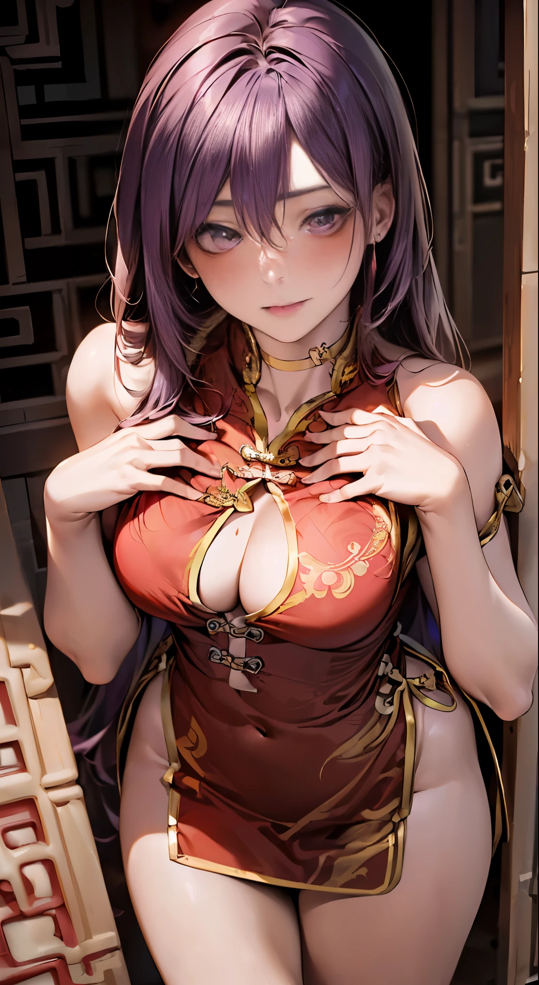 (masterpiece:1.2, highest quality), (realistic, photorealistic:1.4), beautiful illustrations, 
looking at the viewer, whole body, Front view:0.6, 
1 female, 28 years old, Japanese, ((purple hair:1.5, long hair:1.4)), bangs, hair between eyes, ((height: 166 cm, medium breasts:1.6, tight waist)) 
beautiful hair, beautiful face, beautiful and detailed eyes, (brown eyes:1.3), beautiful clavicle, beautiful body, beautiful breasts, beautiful thighs, beautiful feet, beautiful fingers, perfect anatomy:1.3, perfect anatomy
((Vermilion Chinese dress:1.5, choker:1.6)), black panties:1.6, 
((Grasp the hem of the skirt with your right hand, Put your left hand on your chest, stand with legs apart:1.3)), 
(Look at the viewer while blushing:1.3)