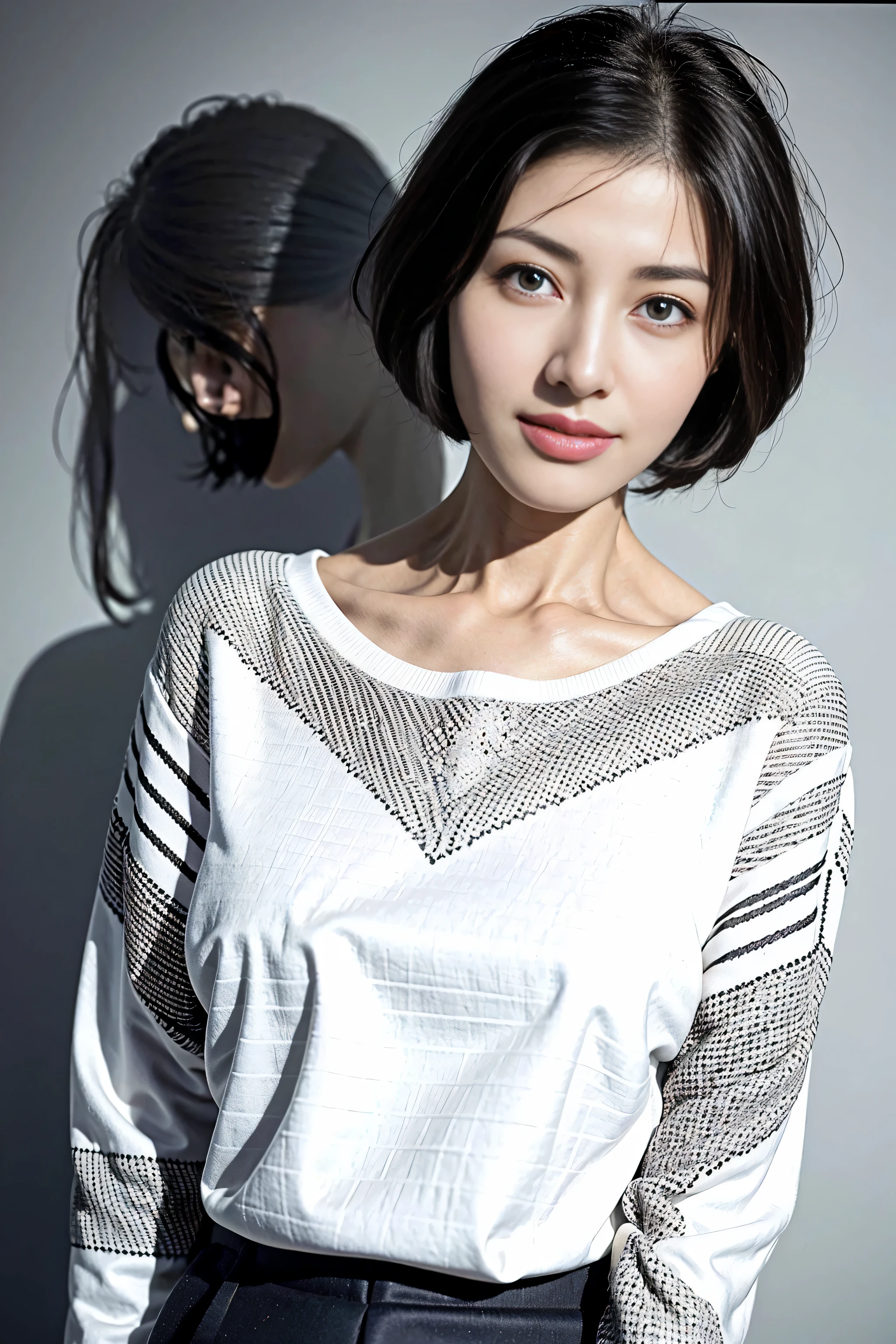Best Quality, Face Focus, Soft light, 超A high resolution, (Photorealistic:1.4), Raw photo,Highlight the valley Japan girls, Cute, (pupils on, Light in the eyes), Detailed beautiful face, (large boob),(High-resolution details of human skin texture),Frolic,Cute smile,White and black patterned sweater (Short bob gray hair)、White and black patterned sweater、ox’s horn、indecency、shinny skin、Cute smile、In the straw of the steppe、 Damask Shirt Dress, (Portrait)