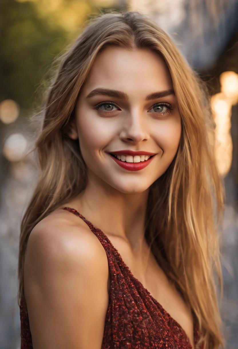 ultrarealistic high quality photo of a beautiful young tall busty european teen girl with cute face and natural blonde long hair and beautiful embarrassed smile, realistic eyes, freckles, glossy red lips, smokey eyes makeup, wearing casual clothes with miniskirt , full body side view street photography,