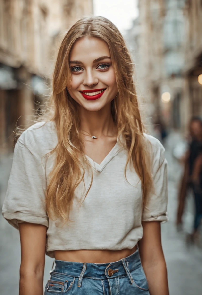 ultrarealistic high quality photo of a beautiful young tall busty european teen girl with cute face and natural blonde long hair and beautiful embarrassed smile, realistic eyes, freckles, glossy red lips, smokey eyes makeup, wearing casual clothes with miniskirt , full body side view street photography,