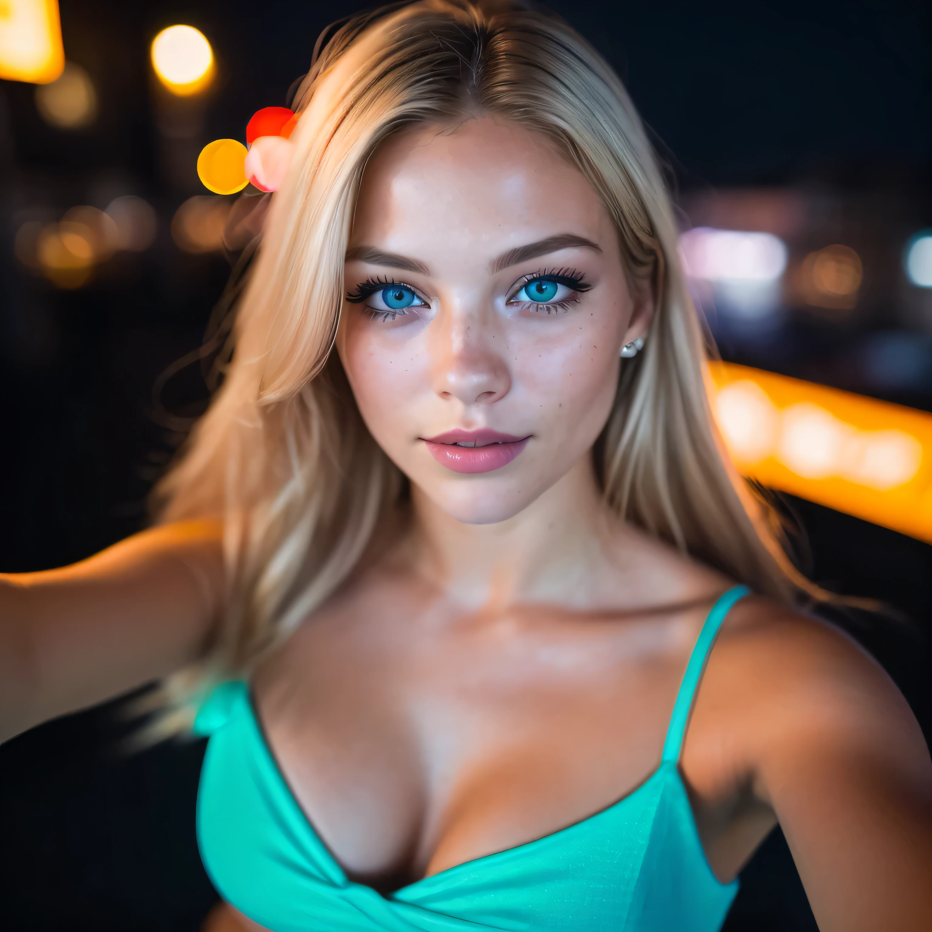 (selfie, Vue de dessus: 1.4), (moitié droite du corps: 1.4), Photo portrait RAW UHD d'une blonde de 24 ans (femme aux yeux bleus) walking in a nuit club, gros seins, city at nuit, (jupe), (encolure), Détails (textures! , Cheveux! , paillettes, couleur!! , désavantages: 1.1), yeux brillants avec beaucoup de détails (En regardant la caméra), Éclairage reflex, Appareil photo reflex, ultra-qualité, acuité, profondeur de champ, grain de film (Centre), Fujifilm XT3, clair comme de l'eau de roche, frame Centre, beau visage, Netteté, lampadaire, éclairage au néon, Bokeh (Faiblement éclairé), nuit, (nuit sky), pores de peau détaillés, La peau grasse, Coup de soleil, complex eye Détails, tout le corps, gros seins