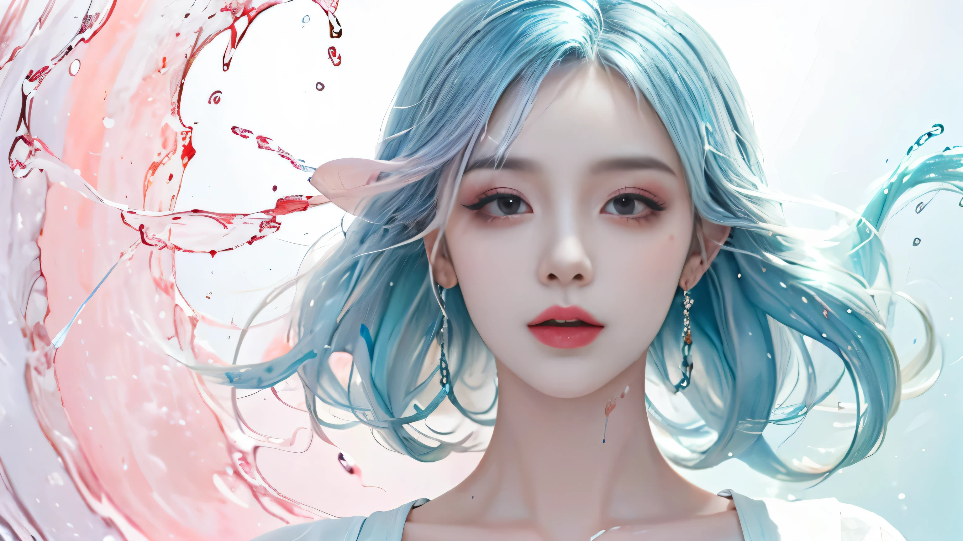 (masterpiece, best quality, high resolution), White background, acrylic paint, ((splash of color, splash ink, splash of color)), Sweet Chinese girl, Long light blue hair, [light blue|pink] hair, Curly hair, flash, Peach lips, White shirt, front, Upper body