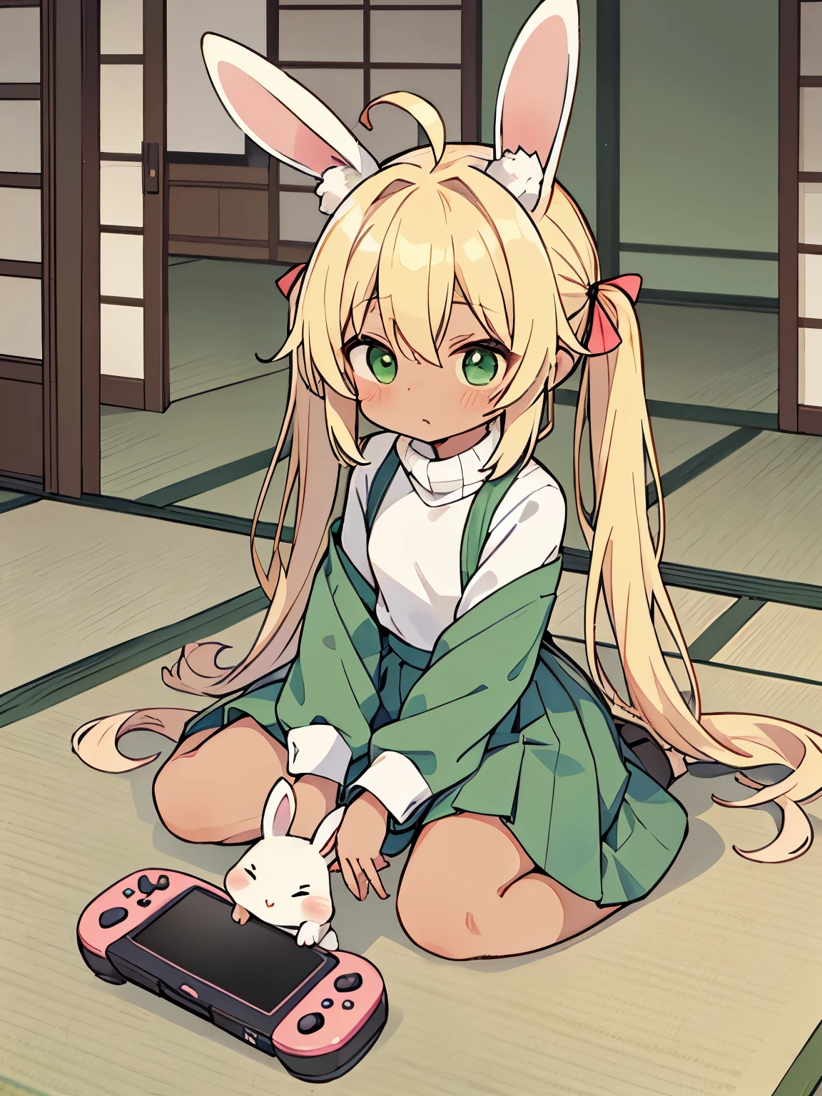 cute, tatami,  blonde, Ahoge, green eyes, brown skin, rabbit ears,Rabbit, twin tails, turtleneck, long skirt, portable game console, It&#39;s rolling around, I'm playing a game, Tsundere, たくさんのRabbit, Deformed