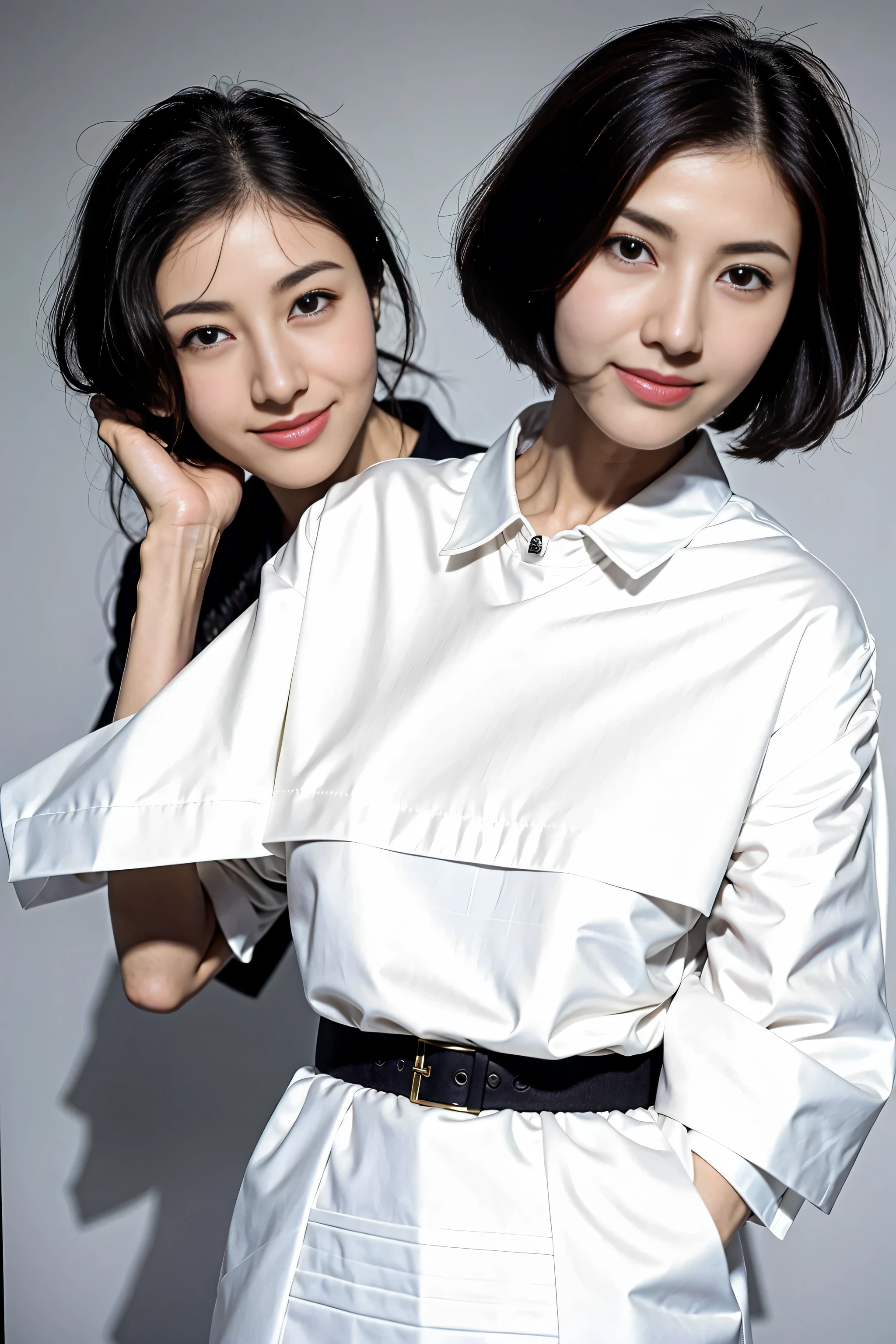 Best Quality, Face Focus, Soft light, 超A high resolution, (Photorealistic:1.4), Raw photo,Highlight the valley Japan girls, Cute, (pupils on, Light in the eyes), Detailed beautiful face, (large boob),(High-resolution details of human skin texture),Frolic,Cute smile,White and black patterned sweater (Short bob gray hair)、White and black patterned sweater、ox’s horn、indecency、shinny skin、Cute smile、In the straw of the steppe、 Damask Shirt Dress, (Portrait)